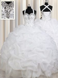 Elegant Straps White Ball Gowns Beading and Ruffles and Pick Ups Quinceanera Dress Lace Up Organza Sleeveless Floor Length