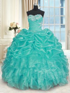 Fancy Turquoise Ball Gowns Beading and Ruffles Quinceanera Gowns Lace Up Organza Sleeveless Floor Length