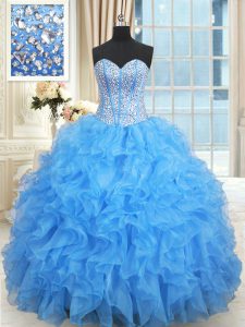 Baby Blue Satin and Organza Lace Up Quinceanera Dresses Sleeveless Floor Length Beading and Ruffles and Ruffled Layers