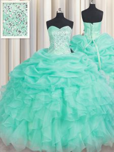 Apple Green Sleeveless Beading and Ruffles and Pick Ups Floor Length 15th Birthday Dress