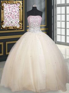 Glorious Champagne Tulle Lace Up Strapless Sleeveless Floor Length Sweet 16 Dress Beading
