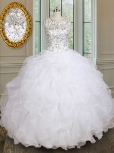 Affordable Scoop Floor Length White Quinceanera Dress Organza Sleeveless Beading and Ruffles
