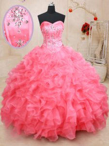 Sexy Pink Ball Gown Prom Dress Military Ball and Sweet 16 and Quinceanera and For with Beading and Ruffles Sweetheart Sleeveless Lace Up
