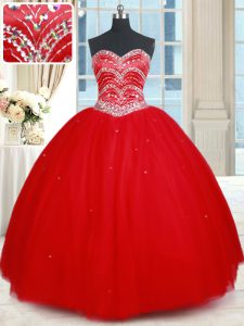 Adorable Red Tulle Lace Up Sweet 16 Quinceanera Dress Sleeveless Floor Length Beading