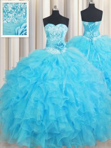Baby Blue Organza Lace Up Sweetheart Sleeveless Floor Length Sweet 16 Dresses Beading and Ruffles and Hand Made Flower