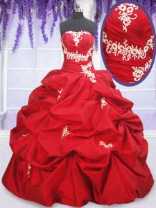 Dazzling Pick Ups Strapless Sleeveless Lace Up Quinceanera Dresses Red Taffeta