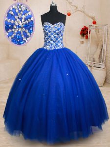 High End Ball Gowns 15th Birthday Dress Royal Blue Sweetheart Tulle Sleeveless Floor Length Lace Up
