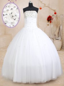 Top Selling Floor Length Lace Up Sweet 16 Quinceanera Dress White for Military Ball and Sweet 16 and Quinceanera with Beading
