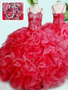 Spaghetti Straps Sleeveless Quinceanera Dress Floor Length Beading and Ruffles Red Organza