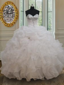 Latest White Lace Up Sweetheart Beading and Ruffles and Sequins Quinceanera Gowns Organza Sleeveless