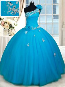 One Shoulder Baby Blue Ball Gowns Beading and Appliques and Hand Made Flower Vestidos de Quinceanera Zipper Tulle Sleeveless Floor Length