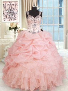 Baby Pink Ball Gowns Organza Straps Sleeveless Beading and Ruffles and Pick Ups Floor Length Zipper Ball Gown Prom Dress