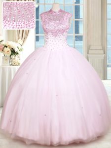 Glamorous Sleeveless Floor Length Beading Lace Up Quinceanera Dresses with Baby Pink