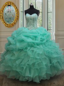 Fashion Apple Green Lace Up Sweetheart Beading and Ruffles 15th Birthday Dress Organza Sleeveless