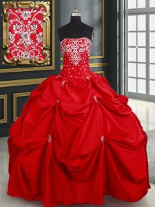 Sweet Red Sleeveless Floor Length Beading and Pick Ups Lace Up Sweet 16 Dress