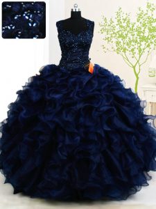 Flirting Ball Gowns Quinceanera Dresses Navy Blue Straps Organza Sleeveless Floor Length Zipper