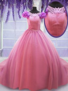 Rose Pink Scoop Lace Up Beading and Hand Made Flower Quinceanera Dress Court Train Cap Sleeves