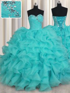 Pretty Sleeveless Organza Floor Length Lace Up Quinceanera Gown in Aqua Blue with Beading and Ruffles