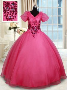 Most Popular Coral Red Lace Up Vestidos de Quinceanera Beading Short Sleeves Floor Length