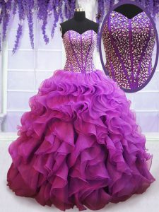 Eggplant Purple Ball Gowns Beading and Ruffles Quinceanera Dresses Lace Up Organza Sleeveless Floor Length