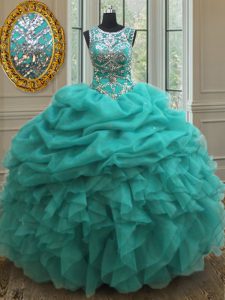 Fantastic Scoop See Through Turquoise Sleeveless Floor Length Beading and Ruffles and Pick Ups Lace Up Ball Gown Prom Dress