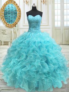 Stunning Aqua Blue Organza Lace Up Sweetheart Sleeveless Floor Length Sweet 16 Quinceanera Dress Beading and Ruffles