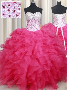 Sleeveless Floor Length Beading and Ruffles Lace Up Sweet 16 Dress with Hot Pink