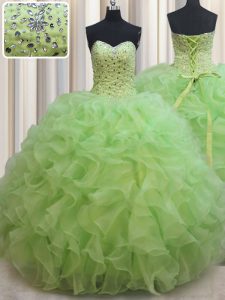 Eye-catching Yellow Green Ball Gowns Organza Sweetheart Sleeveless Beading and Ruffles Floor Length Lace Up Quinceanera Gowns
