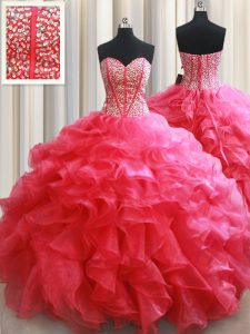 Elegant Coral Red Ball Gowns Beading and Ruffles Quinceanera Gown Lace Up Organza Sleeveless Floor Length