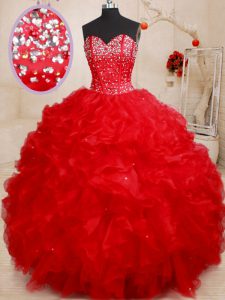 Custom Made Red Ball Gowns Organza Sweetheart Sleeveless Beading and Ruffles Floor Length Lace Up Sweet 16 Dresses