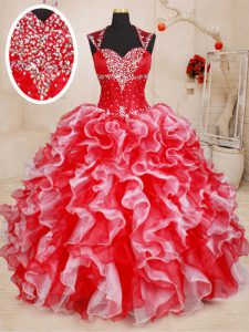 Straps Organza Sleeveless Floor Length Quinceanera Dress and Beading and Ruffles