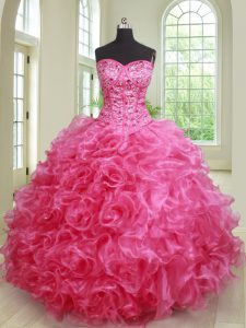 Floor Length Hot Pink Quinceanera Dresses Organza Sleeveless Beading and Ruffles