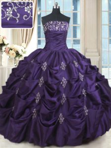 Purple Taffeta Lace Up Strapless Sleeveless Floor Length Quince Ball Gowns Beading and Appliques