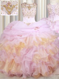 Scoop With Train Pink Quinceanera Gown Organza Court Train Sleeveless Beading and Ruffles and Pick Ups