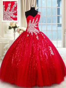 One Shoulder Red Lace Up Quinceanera Dress Beading and Appliques Sleeveless Floor Length
