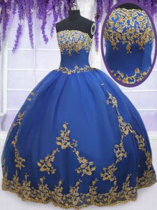Chic Blue Sleeveless Appliques Floor Length Quinceanera Dress