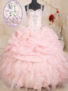 Wonderful Straps Sleeveless Floor Length Beading and Ruffles and Pick Ups Zipper 15 Quinceanera Dress with Baby Pink