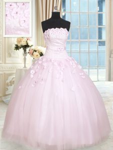 Strapless Sleeveless Tulle Quinceanera Gowns Beading and Appliques Lace Up