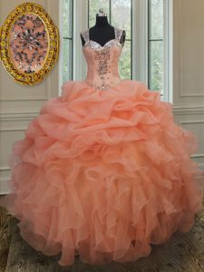 Glittering Straps Pick Ups Orange Sleeveless Organza Zipper 15th Birthday Dress for Military Ball and Sweet 16 and Quinceanera