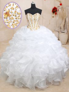 White 15th Birthday Dress Military Ball and Sweet 16 and Quinceanera and For with Beading and Ruffles Sweetheart Sleeveless Lace Up