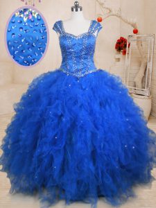 Straps Floor Length Ball Gowns Cap Sleeves Blue 15th Birthday Dress Lace Up