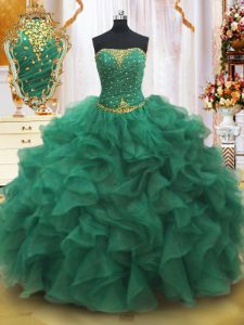 Glamorous Dark Green Lace Up 15 Quinceanera Dress Beading and Ruffles Sleeveless Floor Length