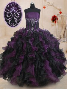 Wonderful Organza Strapless Sleeveless Lace Up Beading and Ruffles Quinceanera Dress in Black And Purple