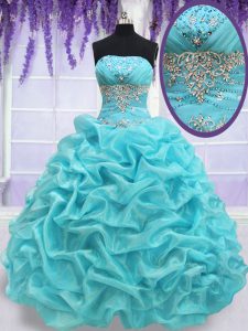 Dazzling Aqua Blue Ball Gowns Beading and Pick Ups Quince Ball Gowns Lace Up Organza Sleeveless Floor Length
