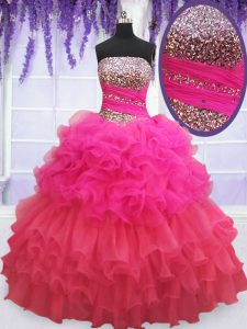 Classical Multi-color Sleeveless Floor Length Beading and Ruffles and Ruffled Layers and Sequins Lace Up Quince Ball Gowns