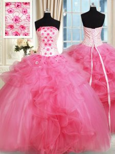 Hot Pink Quinceanera Dress Military Ball and Sweet 16 and Quinceanera and For with Beading and Appliques and Ruffles Strapless Sleeveless Lace Up