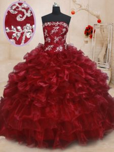 Adorable Ruffled Burgundy Sleeveless Organza Lace Up Sweet 16 Dress for Military Ball and Sweet 16 and Quinceanera