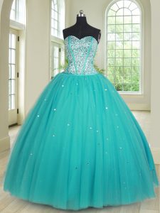 Excellent Tulle Sweetheart Sleeveless Lace Up Beading Vestidos de Quinceanera in Aqua Blue