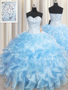 Dramatic Light Blue Sleeveless Organza Lace Up 15th Birthday Dress for Military Ball and Sweet 16 and Quinceanera
