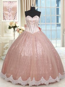 Fine Sleeveless Tulle Floor Length Lace Up Quinceanera Dresses in Peach with Beading and Lace and Bowknot